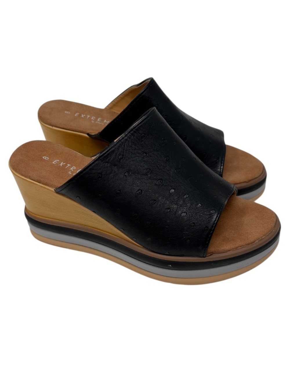 Extreme by Eddie Marc Black Leather Cork Wedge Slide Sandals